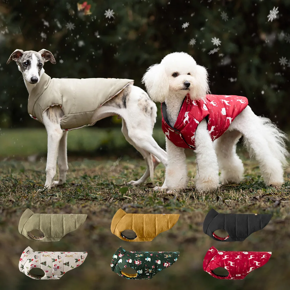 Chaqueta de fiesta para perros, abrigo de invierno Reversible con estampado navideño para perros pequeños, ropa cálida acolchada suave para perros con agujero para correa - imagen 5