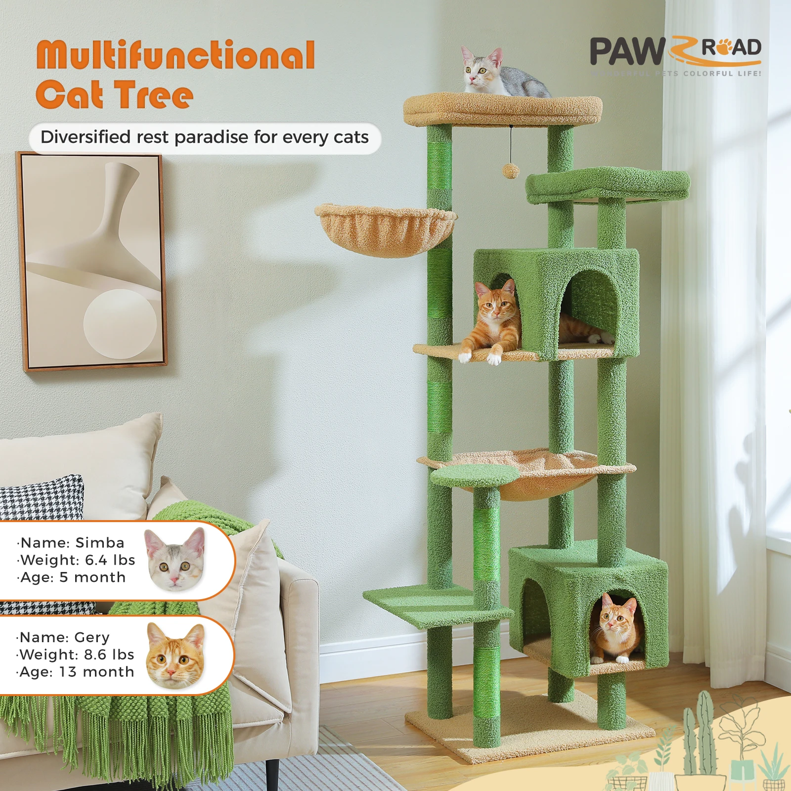 Árbol alto para gatos para interiores, torre grande para gatos con hamaca súper grande, árbol trepador para gatos con postes rascadores, casa de Condo - imagen 2