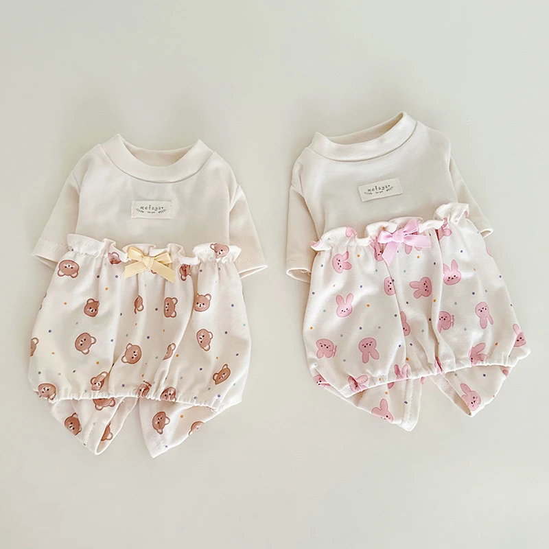 Ropa tejida de manga larga para el hogar, ropa para el hogar con parte inferior de cuatro piernas, mono de conejo pequeño de oso, ropa para cachorros, primavera y otoño