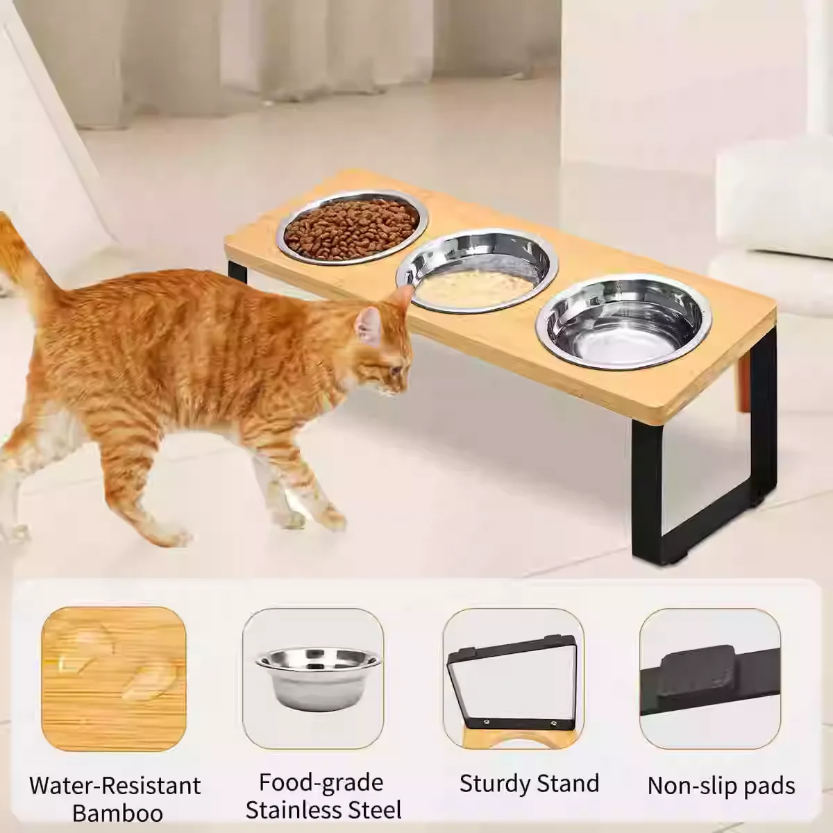 Inclinación 15 °   Cuenco elevado para comida para gatos, 3 cuencos de acero inoxidable, para beber y comer Con soporte de madera Anti-vómitos Adecuado para gatos - imagen 2