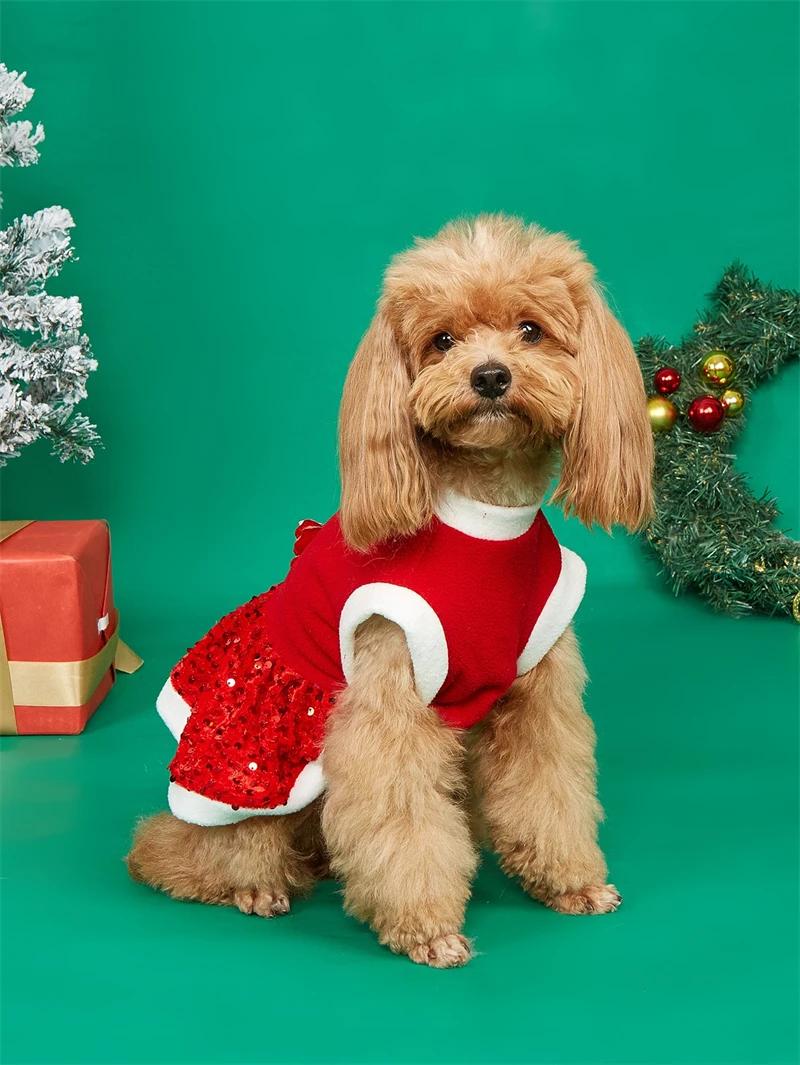 Feliz Navidad mascota perro vestido de invierno mariposa lentejuelas princesa niña gato monos a prueba de viento ropa de Festival para Bulldog Francés - imagen 4