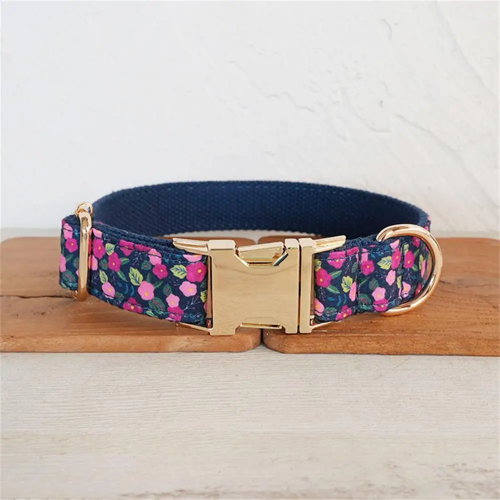Coleira de cachorro personalizada com gravura grátis, coleira para animais de estimação combinando, fivela de metal de contatos personalizados, coleira para animais de estimação com flor azul escuro - imagen 2