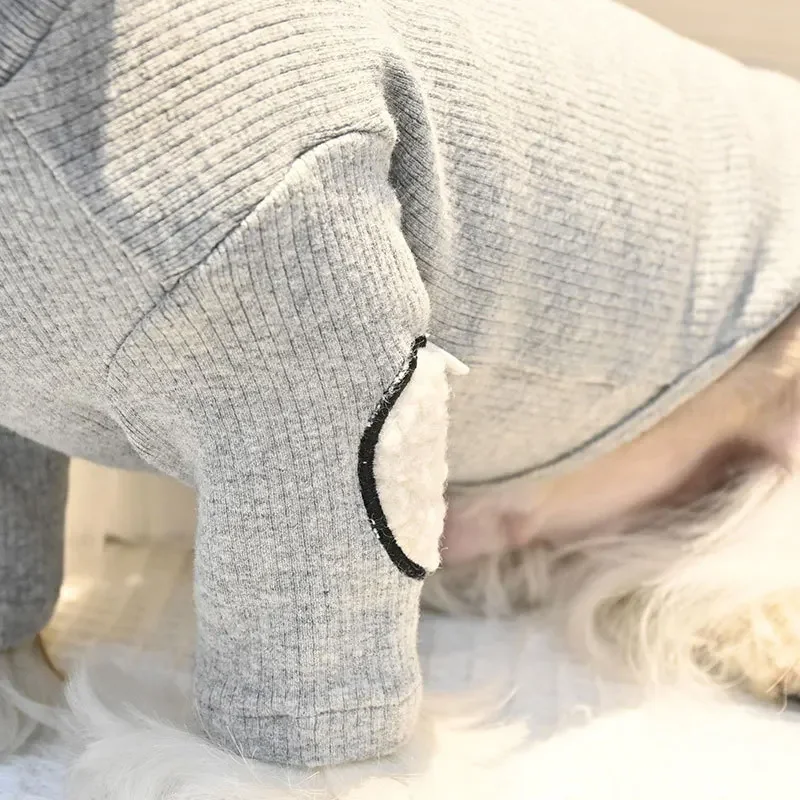 Sudadera con capucha gris de cuello alto para cachorro, camisa inferior de manga larga de lana de cordero bordada, ropa para perros pequeños y gatos de peluche de otoño e invierno - imagen 3