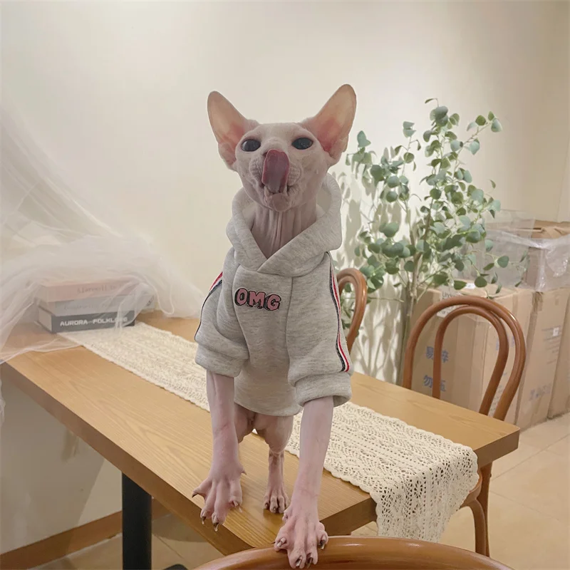Abrigo gris grueso para gato en invierno, Sudadera con capucha de forro polar suave para Devon Rex en clima frío, chaqueta de manga larga para gato esfinge - imagen 3