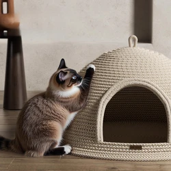 Cama nido para gatos y perros pequeños de lino y algodón con asa