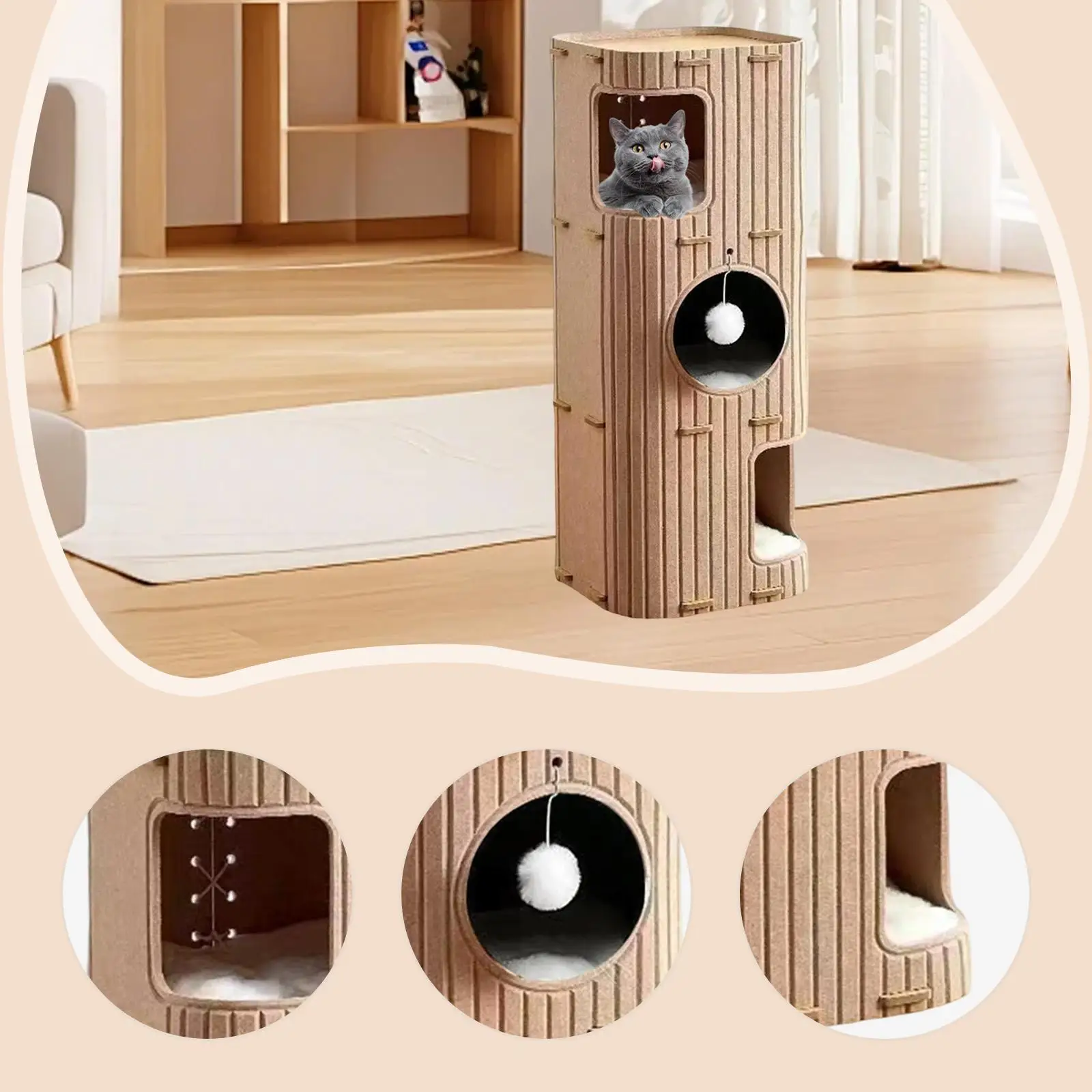 Casa de fieltro para gatos, 3 historias para gatos de interior, cojín suave, descanso de juego multifuncional, casa de juegos oculta, cueva, suministros para mascotas, árbol para gatos - imagen 5