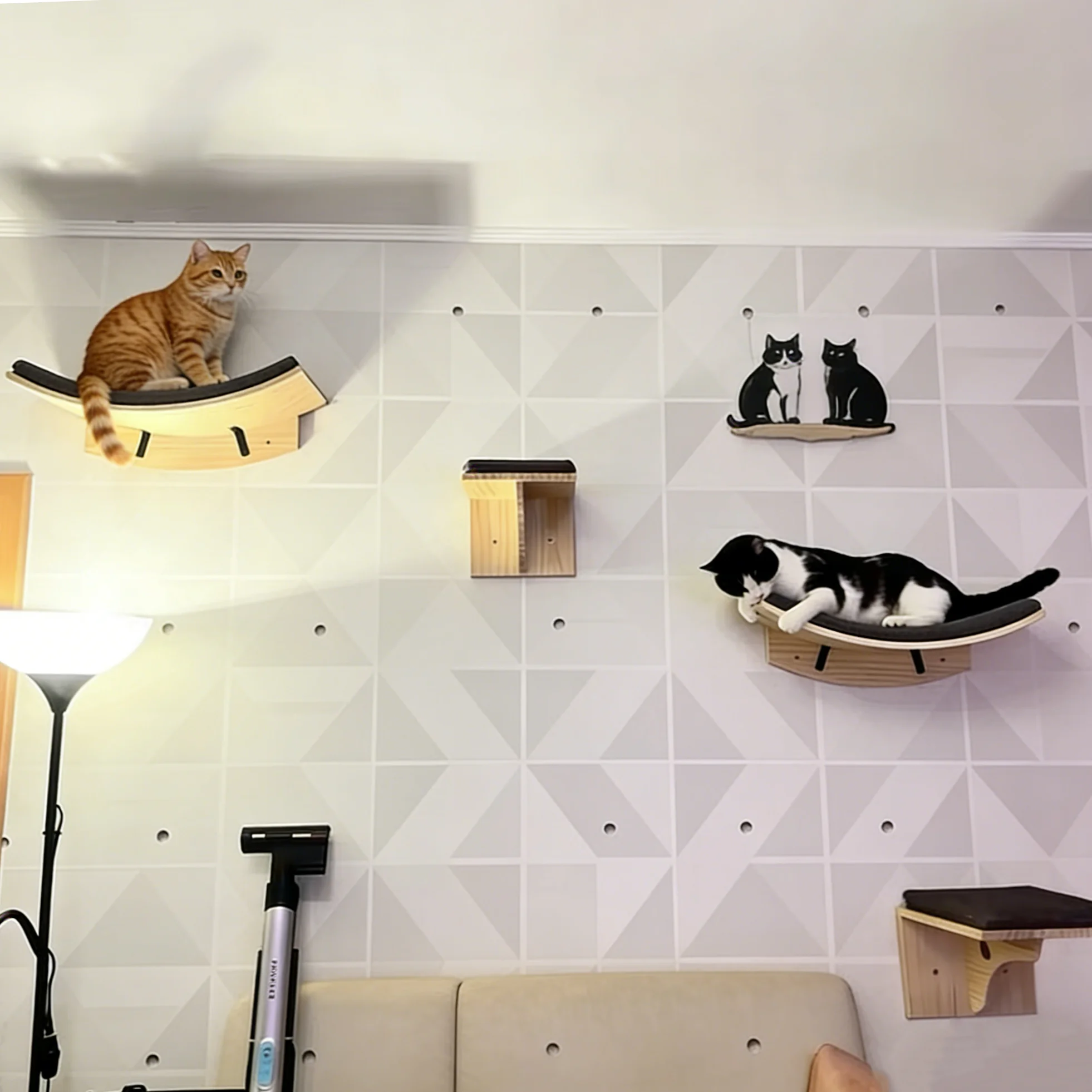 Árbol de pared para gatos con estantería, hamaca y escalones