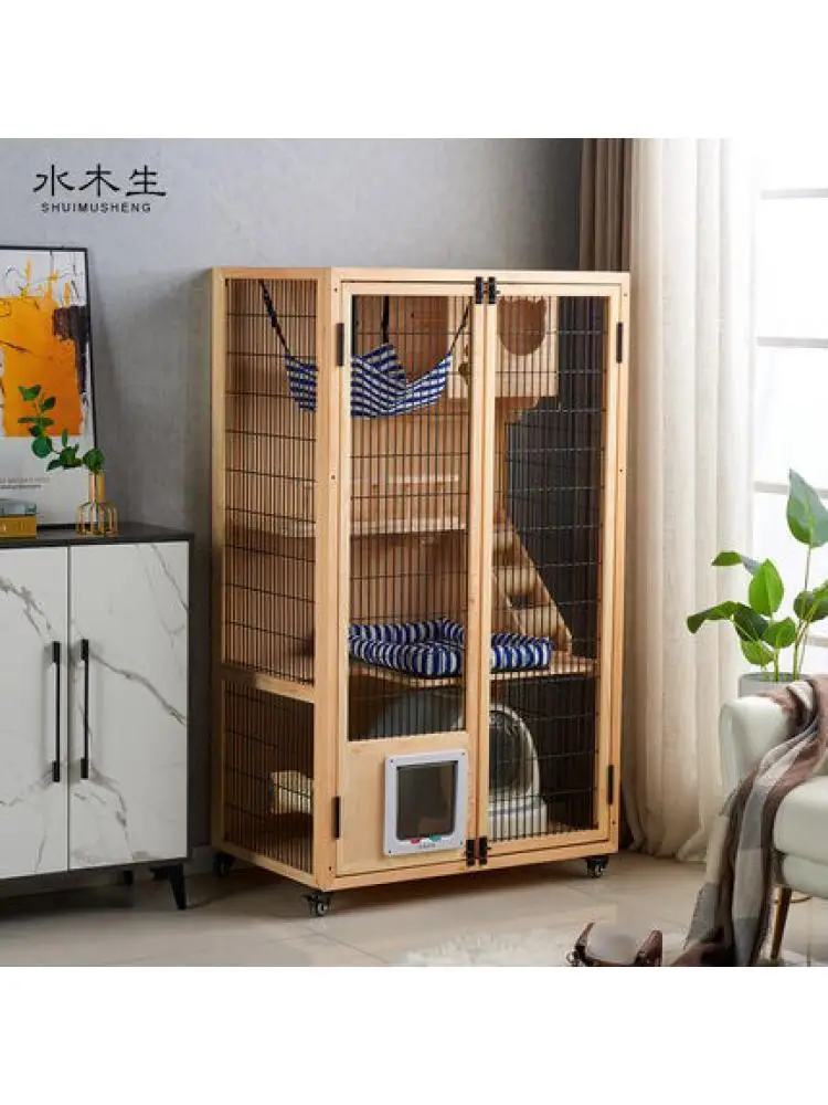 Villa de lujo de madera maciza para gatos, casa para gatos interior de doble capa, jaula de espacio grande con cómoda zona de estar para gatos - imagen 4