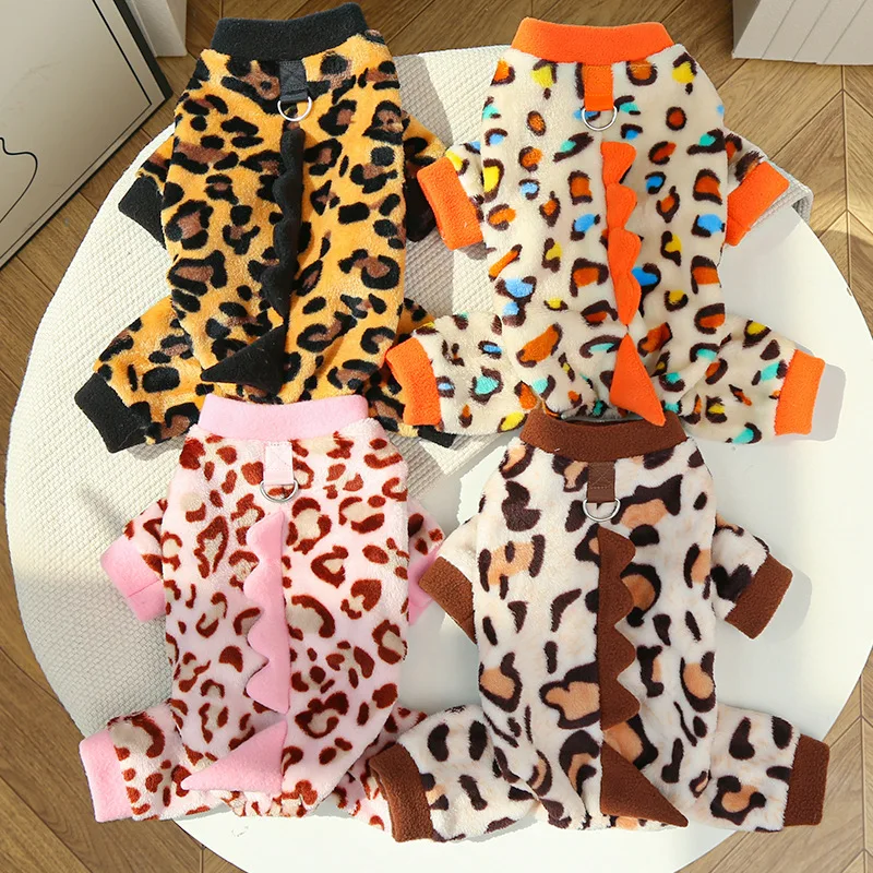 ¡Disfraz de perro dinosaurio leopardo! Ropa de invierno para mascotas, mono de lana cálido, pijamas de Halloween para perros pequeños y medianos - imagen 2