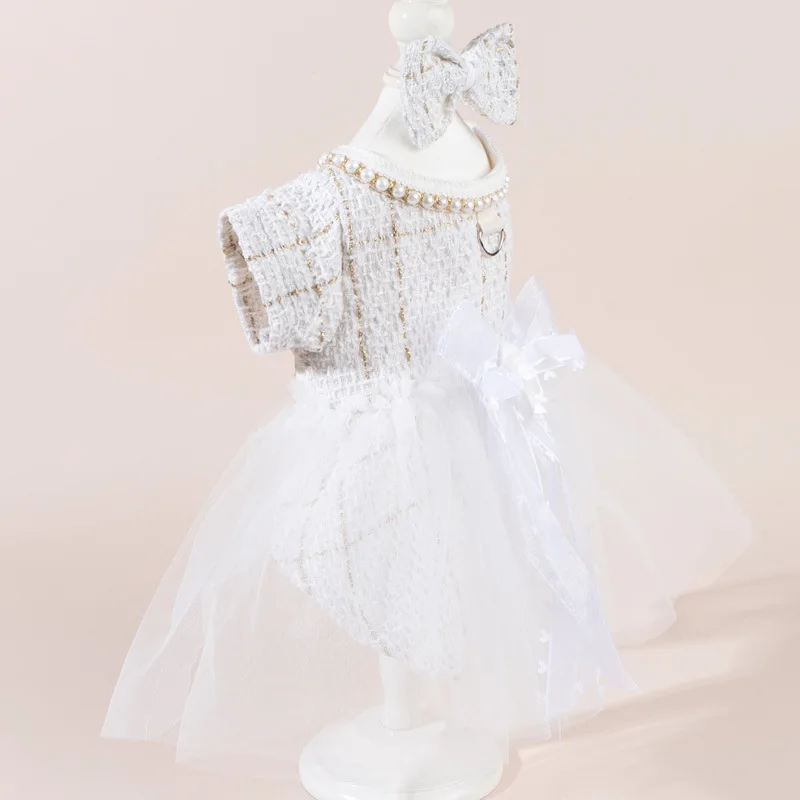 Vestido de boda para mascotas, abrigo de otoño e invierno para perros, falda de malla de retales de lana para gatos, vestido con lazo, ropa para perros pequeños y cachorros - imagen 3