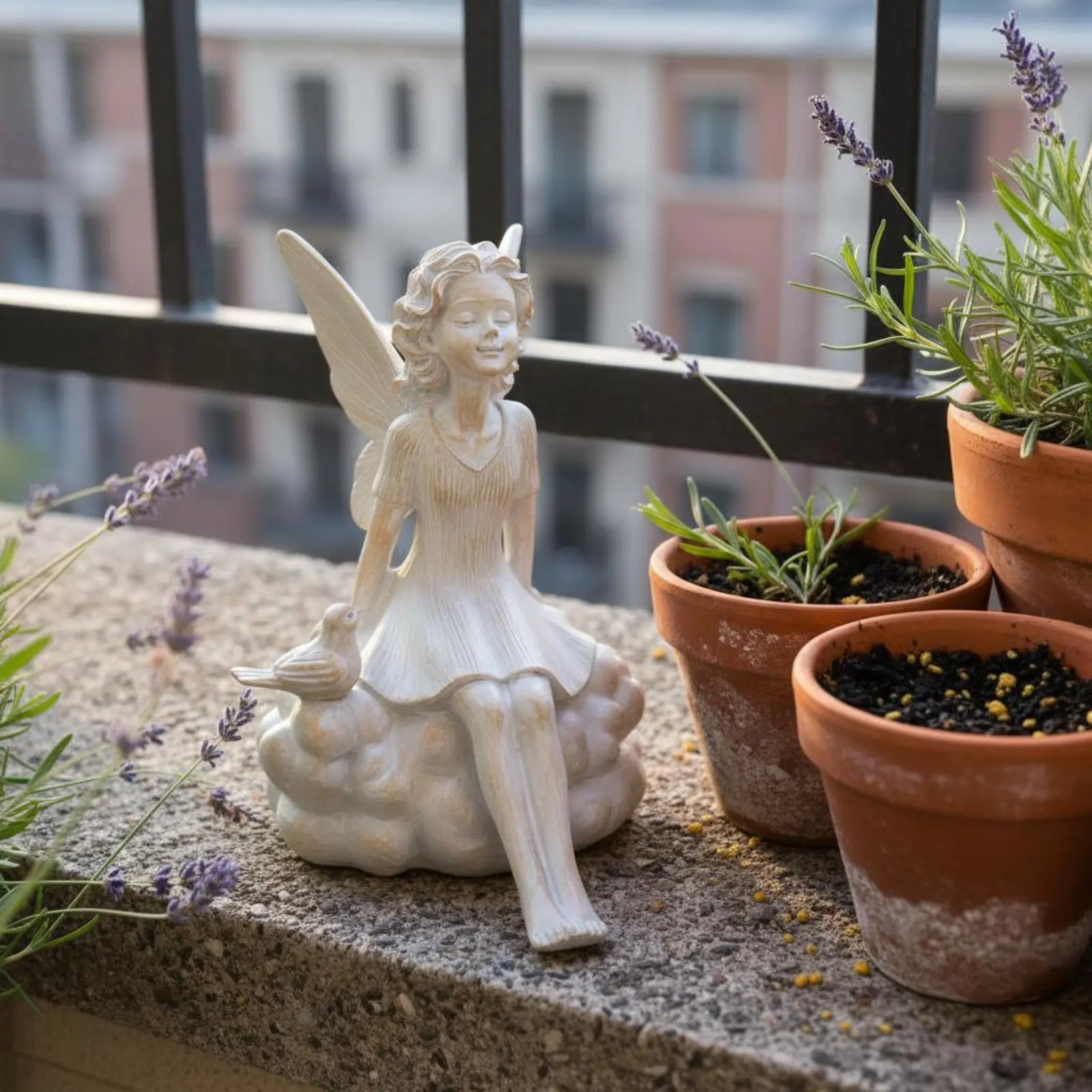 Estatua de hadas con pájaro para jardín – Acabado en cemento - imagen 5