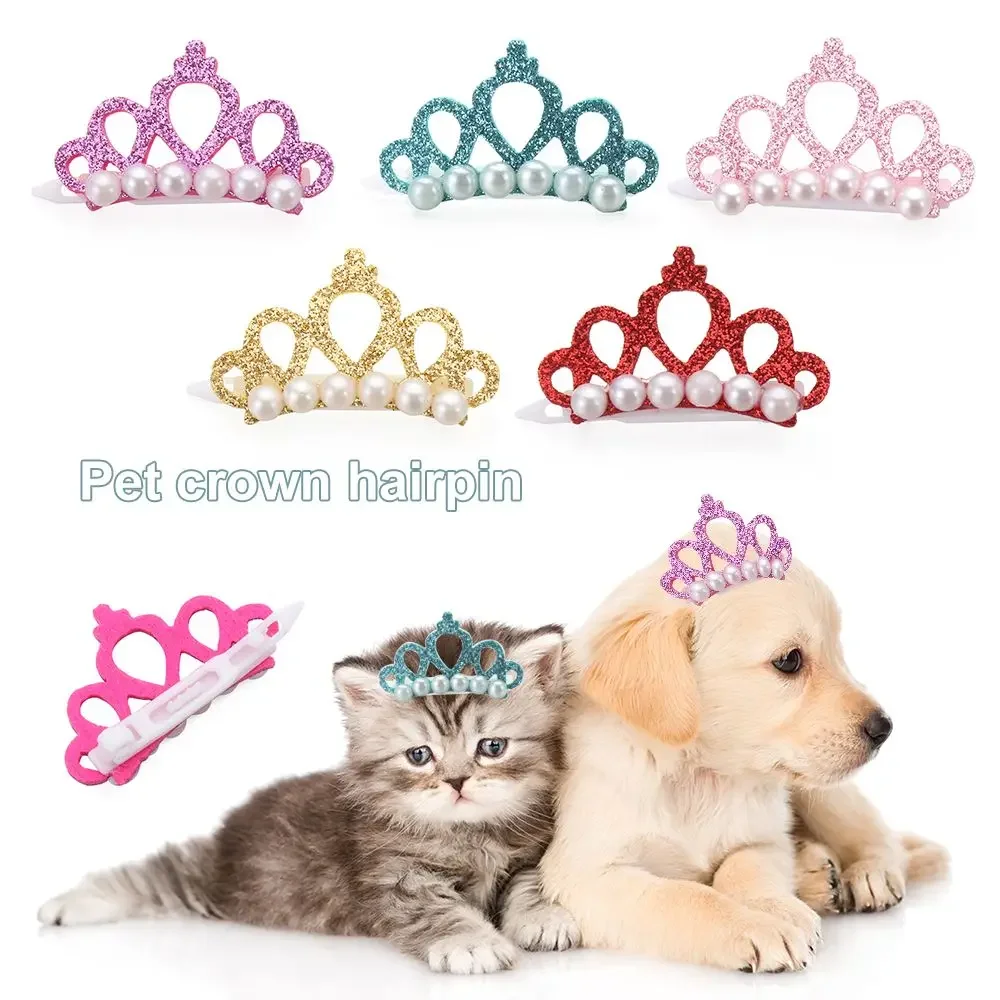 Gorros de perlas hechos a mano para perros pequeños, suministros para mascotas, tocado para gatos, pajarita, horquilla, lazo para perro, Clip para el pelo con forma de corona - imagen 3