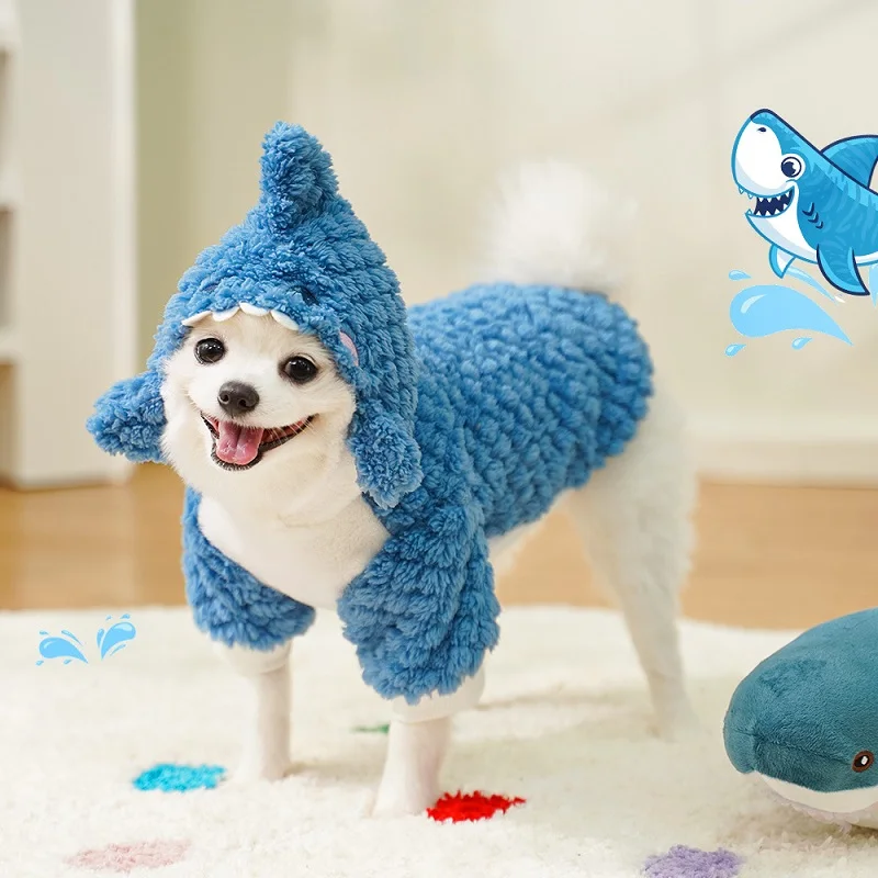 Sudadera con capucha cálida para cachorro, disfraz divertido para perro, disfraz de tiburón, ropa de lana para Cosplay, ropa de invierno para perro, abrigos para perro salchicha Bichon Chihuahua, jerséis - imagen 5