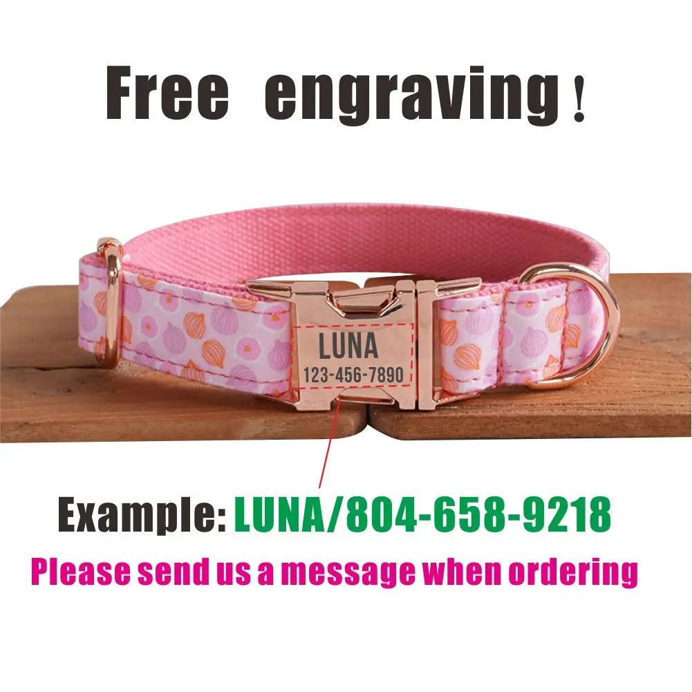 Collar de perro personalizado con grabado gratuito, correa para mascotas a juego, hebilla de Metal de contactos personalizados, lindo Collar para mascotas de cebolla rosa - imagen 4