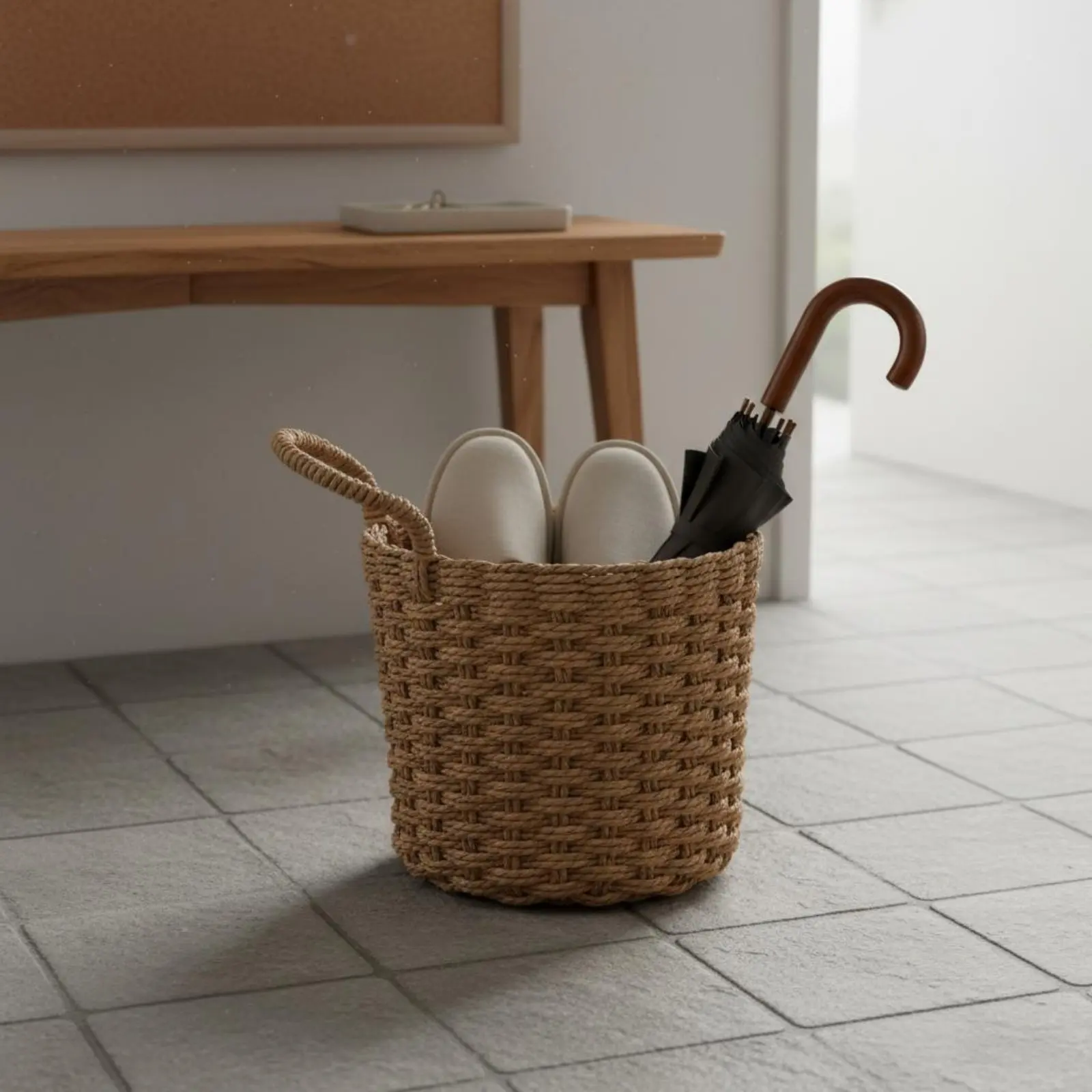 Cesta de mimbre decorativa con asas – Estilo Boho para entrada - imagen 3