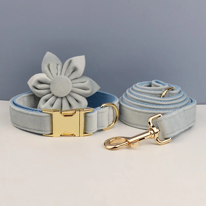 Juego de Collar y correa de terciopelo azul claro para perros, placa de identificación grabada personalizada, suministros para mascotas, correa para perros Velvet35 - imagen 4