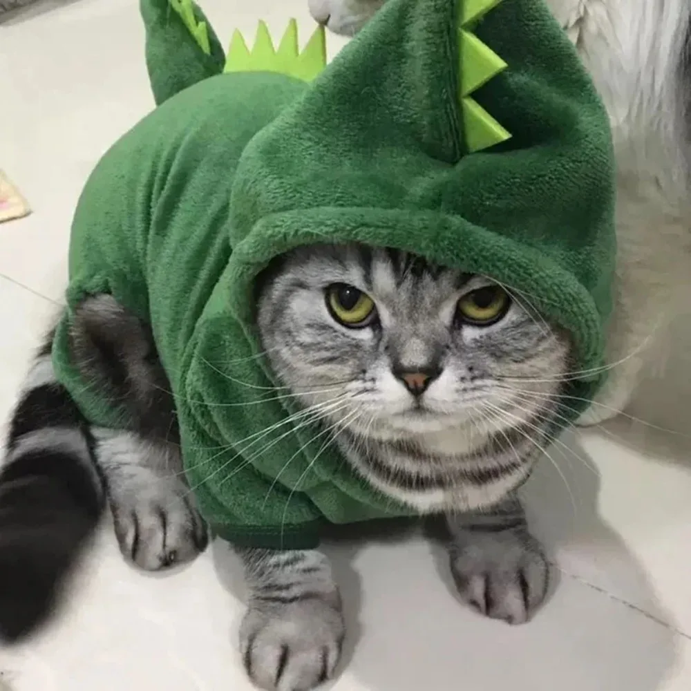 Disfraz de Halloween para perros, ropa para perros pequeños, disfraz divertido de dinosaurio, abrigo cálido de invierno para gatos, sudaderas con capucha de lana - imagen 3