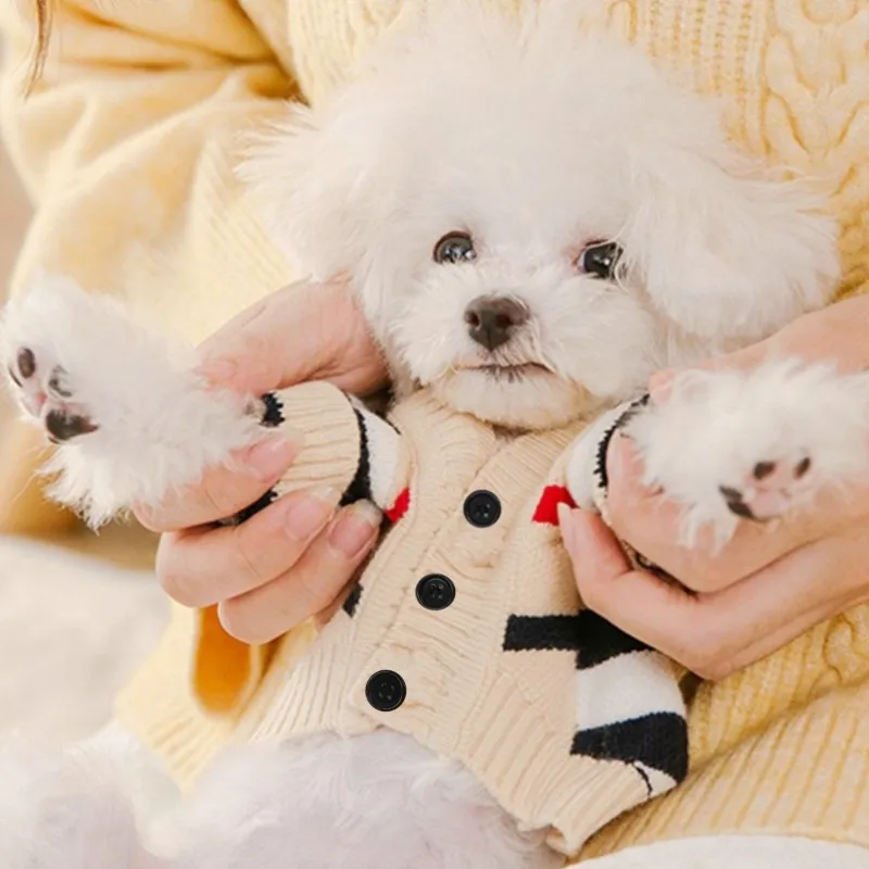Suéter de moda para perros, ropa de invierno para perros, cárdigan suave a rayas para perros, abrigo, ropa para Chihuahua Bichon Frise, suéteres cálidos tejidos para mascotas - imagen 5