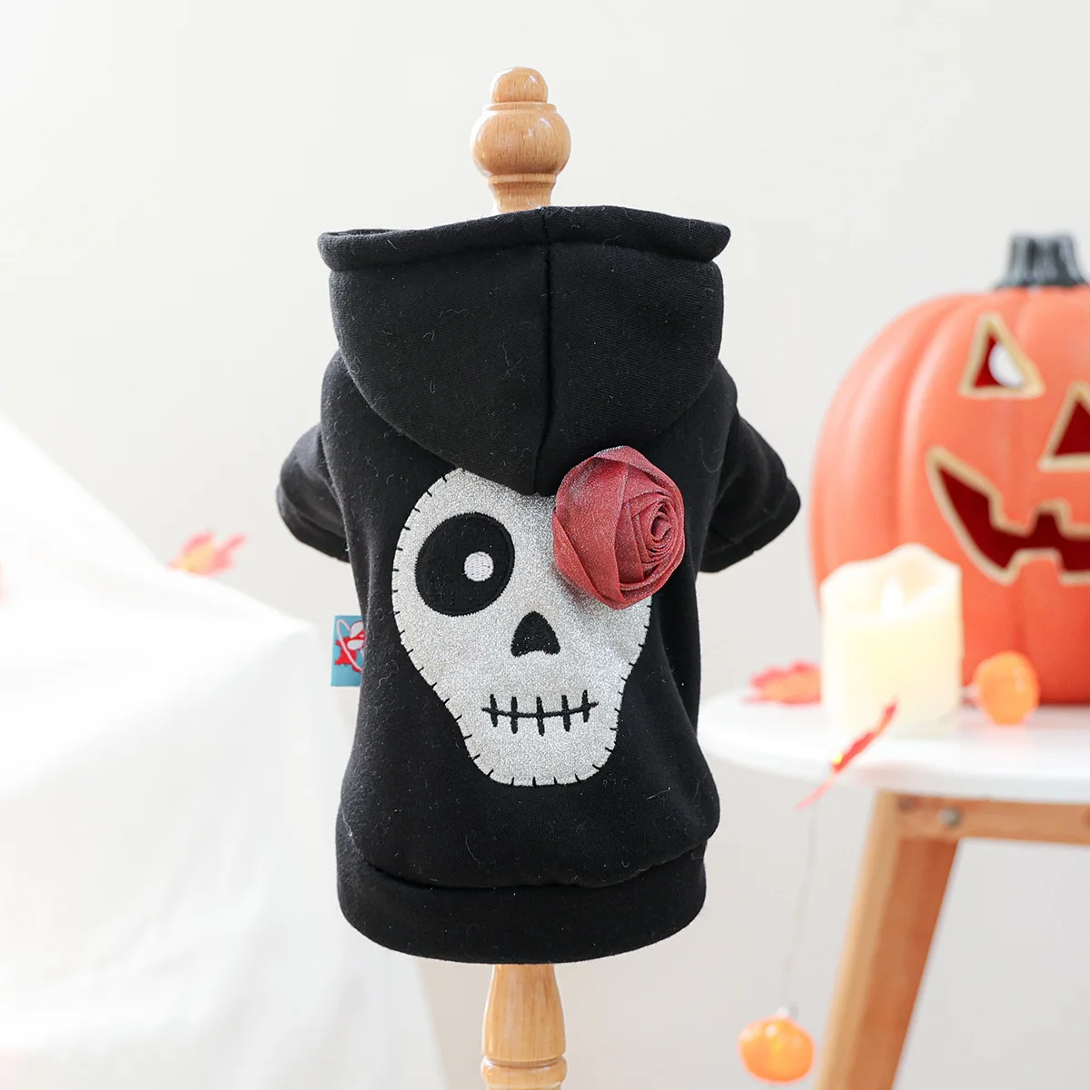Ropa de Halloween para mascotas, calavera de perro con rosa, Sudadera con capucha para perro con sombrero, ropa elegante para mascotas, ropa de cosplay para mascotas, ropa de fiesta para mascotas - imagen 5