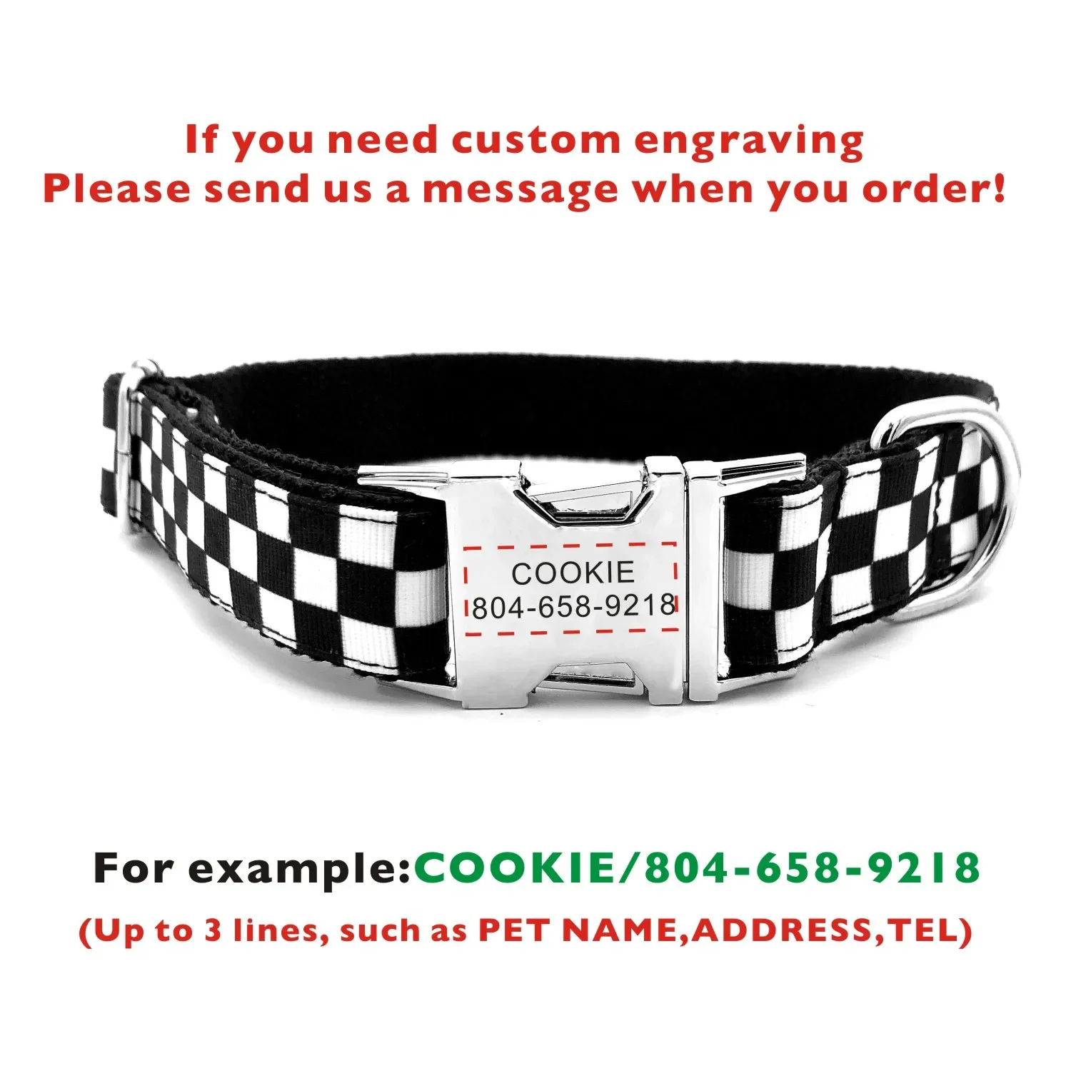 Collar personalizado para mascotas, cubo blanco y negro, fresco, duradero, personalizado, nombre de cachorro, etiqueta de identificación, collares básicos ajustables para perros, correa - imagen 3
