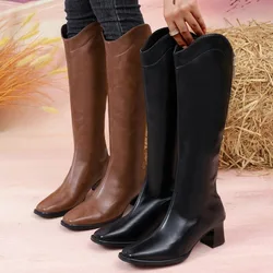 Nuevas botas informales de tacón cuadrado con cremallera y punta redonda para mujer, botas de tubo medio antideslizantes cómodas y elegantes para invierno