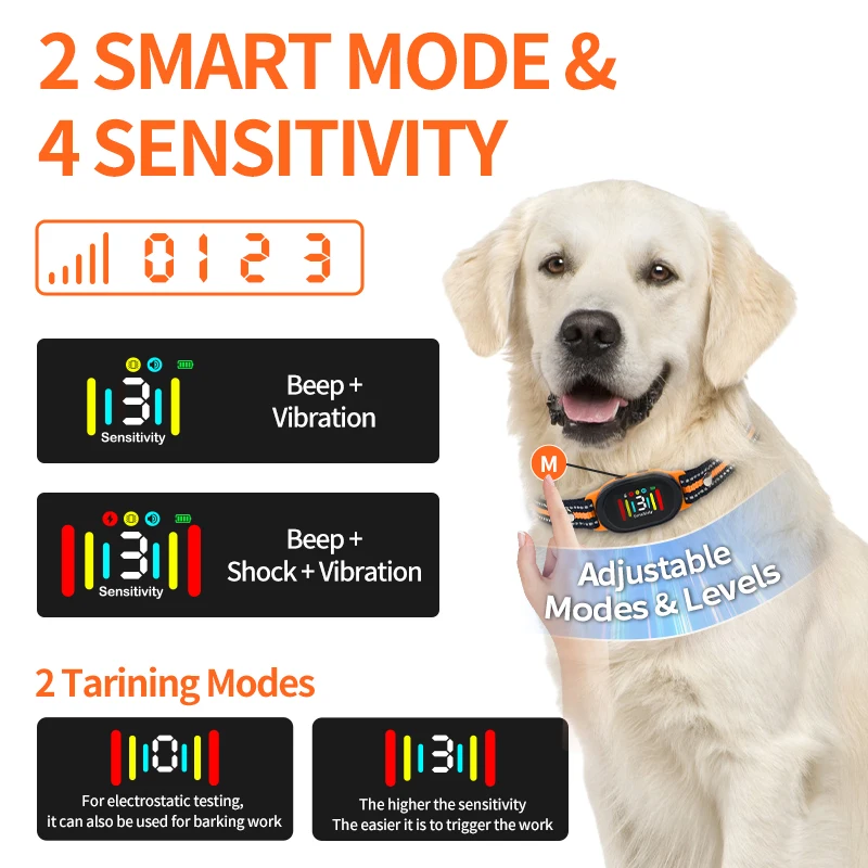Collar antiladridos para perros inteligente con 2 modos de entrenamiento, Collar de choque para perros, Collar de entrenamiento de sensibilidad ajustable y resistente al agua para perros - imagen 4