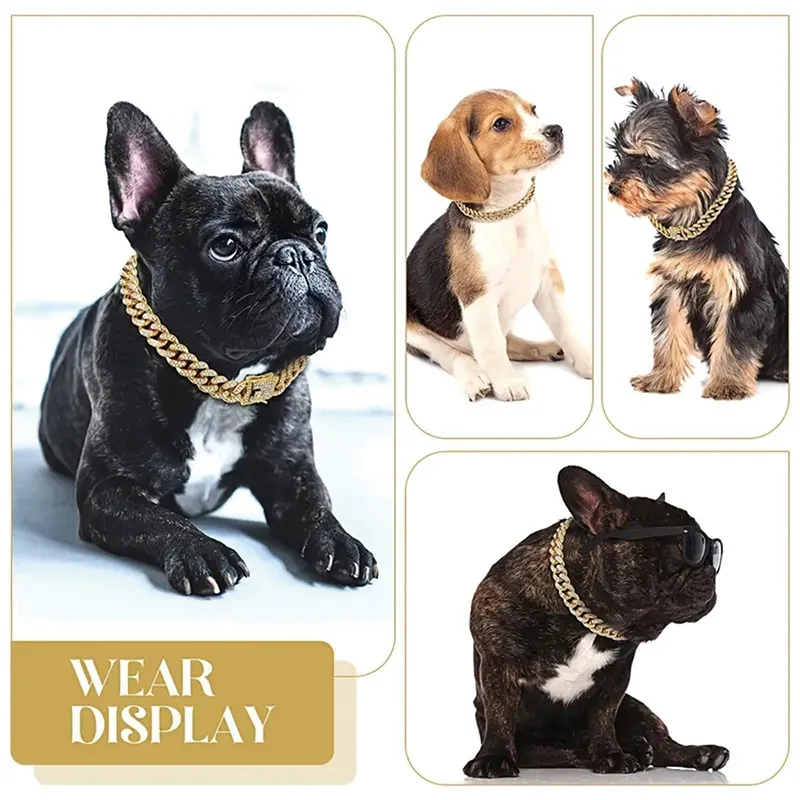 Collar de cadena de lujo para perros, Collar de diamantes para mascotas, Collar de cadena de Metal para perros pequeños, medianos y grandes, Collar para mascotas con hebilla segura - imagen 2