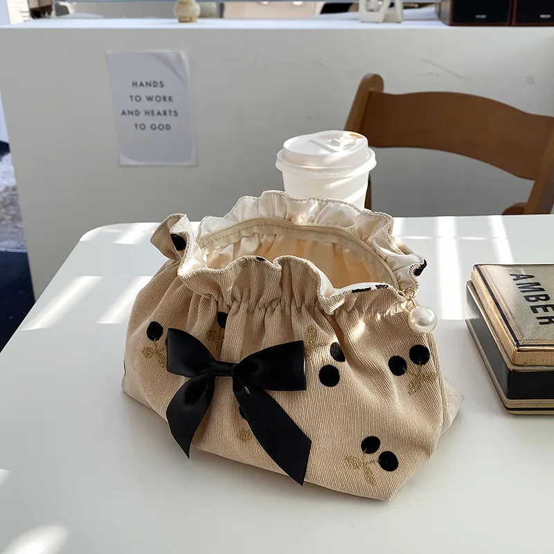 Bolsa de cosméticos de pana con estampado de cereza suave para mujer, bolsas de maquillaje de gran capacidad para lápiz labial, bolsa de almacenamiento de viaje - imagen 3