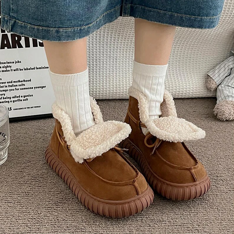 Botas de nieve de gamuza peluda con parte inferior gruesa para mujer, botines de piel esponjosa con cordones y plataforma gruesa, zapatos cálidos de felpa para mujer