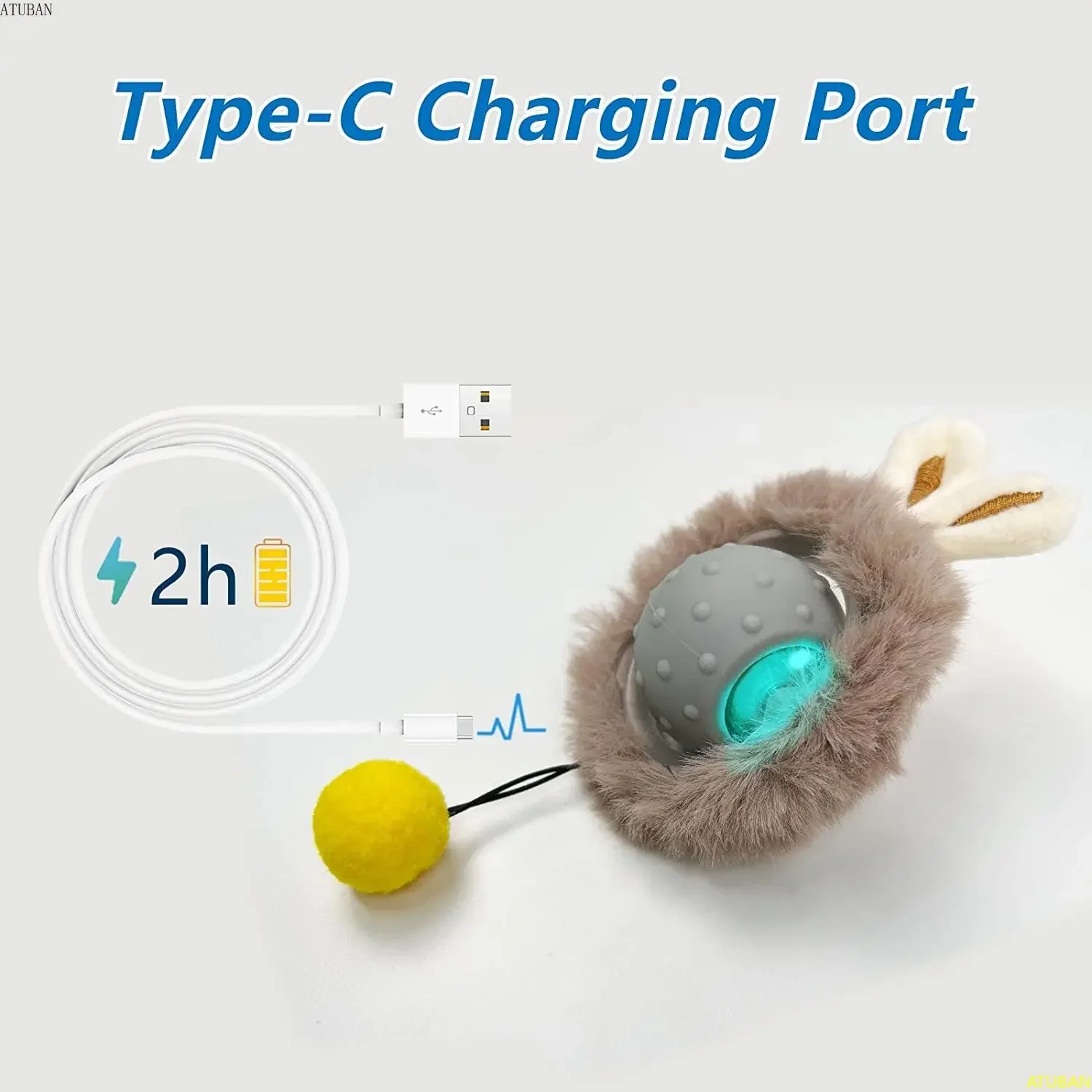 ATUBAN-pelota de juguete para gato con Orejas de conejo, juguetes interactivos inteligentes para gatos con sonido de pájaro, luz, movimiento, bola rodante activa, juguete eléctrico para gatos - imagen 5