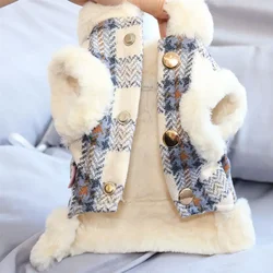 Abrigo de felpa a cuadros para otoño e invierno para mascotas, cálido invierno con lana gruesa, chaleco de lana de cordero, chaleco de tracción para perros de peluche y gatos Pomerania