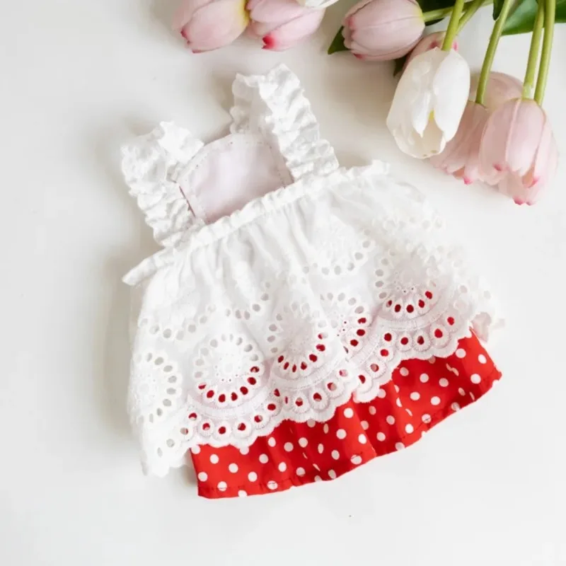 Ropa de lunares rojos para mascotas, vestidos de verano para cachorros, falda con tirantes huecos, falda plegable para perros, falda con lazo de peluche para perros pequeños, chaleco fino de princesa a la moda - imagen 2