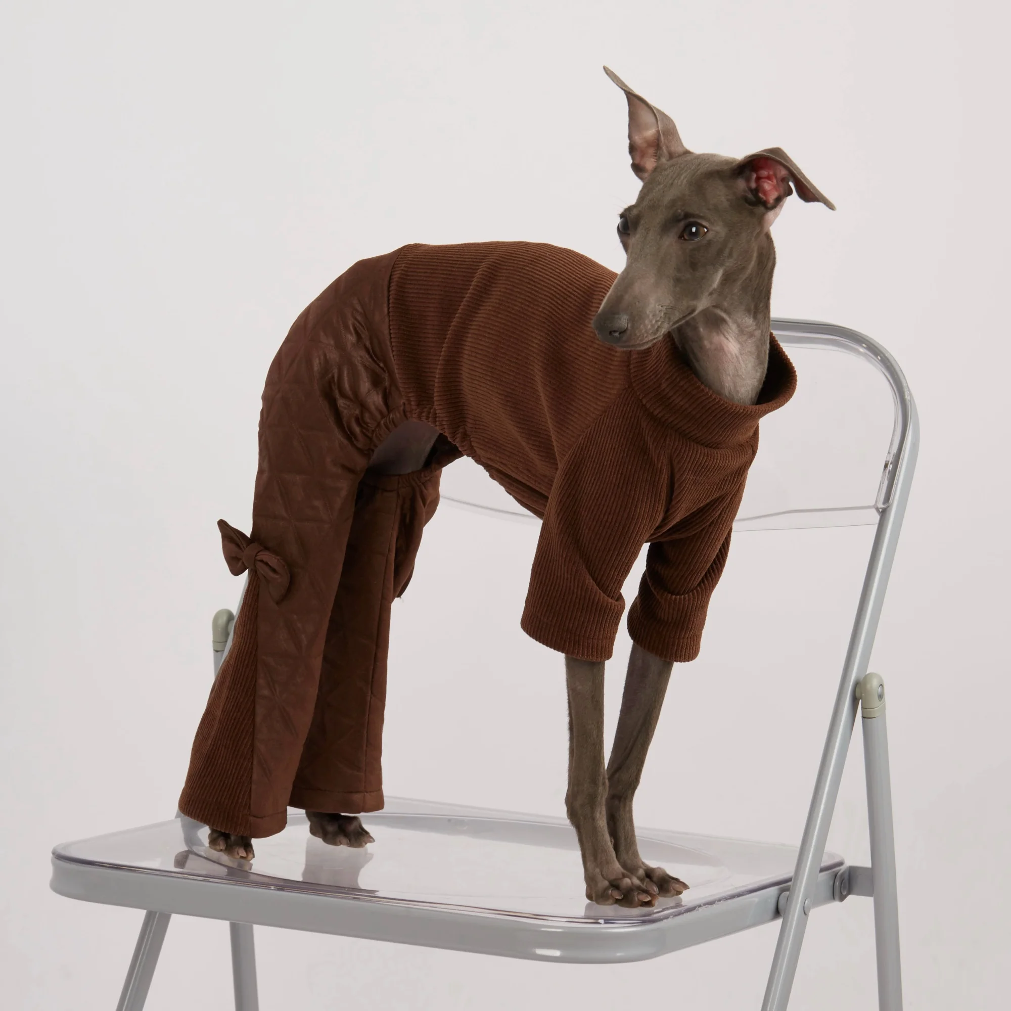Sudadera polar de cuatro patas para perros en invierno, elegantes pantalones acampanados de PU de café para galgo italiano, abrigo de otoño para Whippet - imagen 2