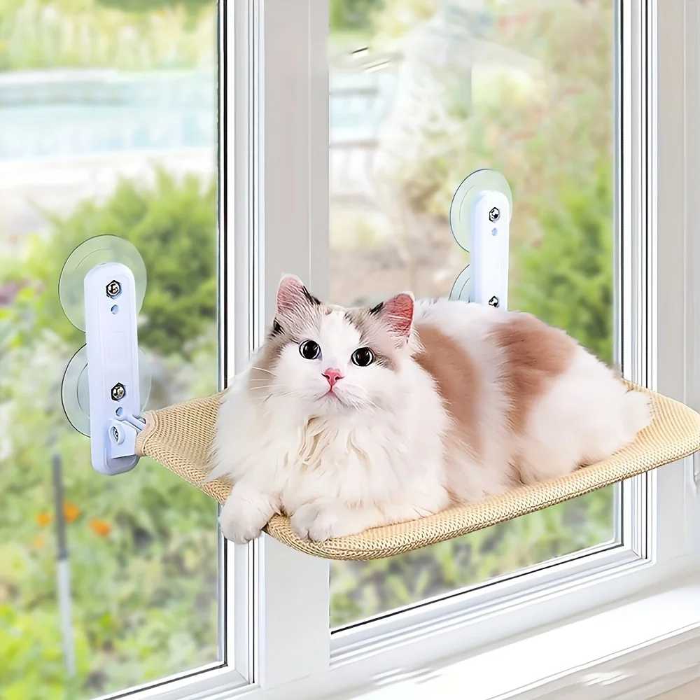 Hamaca acogedora para ventana de gato, hamaca acogedora de poliéster para gatos, cama de percha para ventana para tomar el sol montada en la pared con fuertes ventosas,