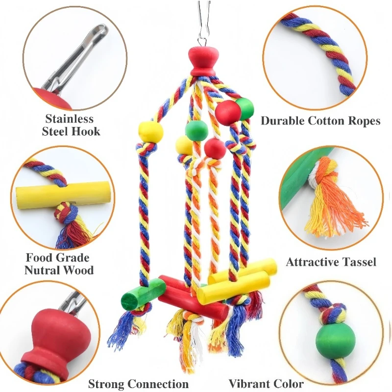 Juguete colorido para masticar loros con bloques de madera y cuerda de algodón, juguete rasgado de pájaros de madera Natural para Conure, cacatúa, jaula para periquitos - imagen 2