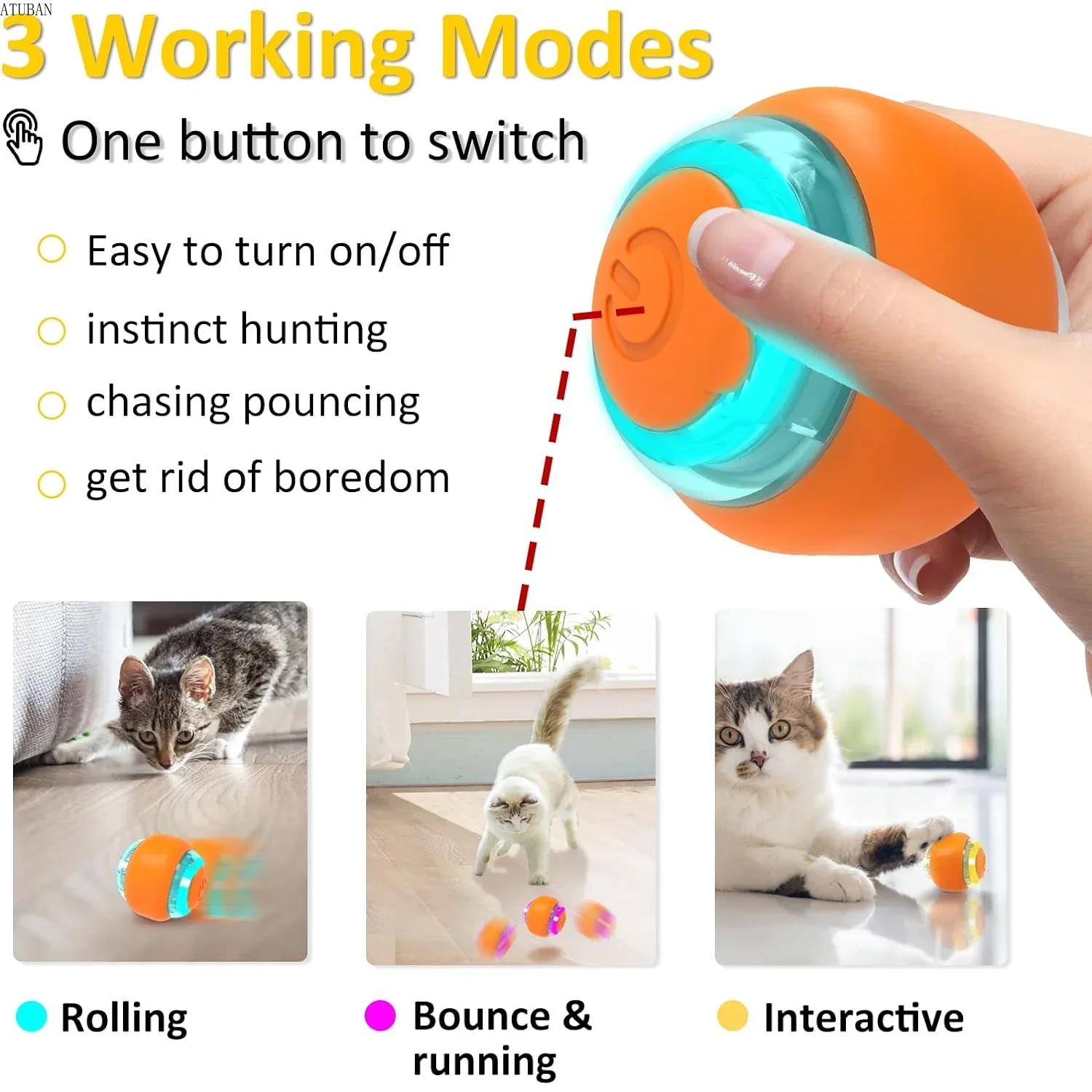 ATUBAN Bola de juguete para gato en movimiento, juguete para gato activado por movimiento para interiores, bola interactiva para gato, juguete inteligente para gato para ejercicio y entretenimiento - imagen 2