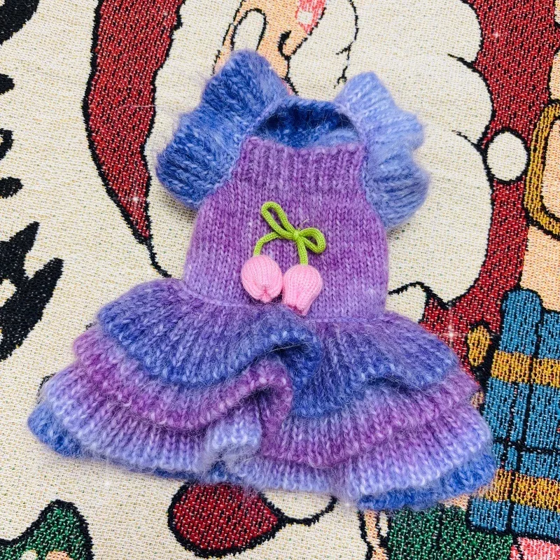 Vestido de punto para otoño/invierno para mascotas, suéter de flores, falda con tirantes degradados de peluche, ropa para cachorros, vestidos para perros pequeños - imagen 5