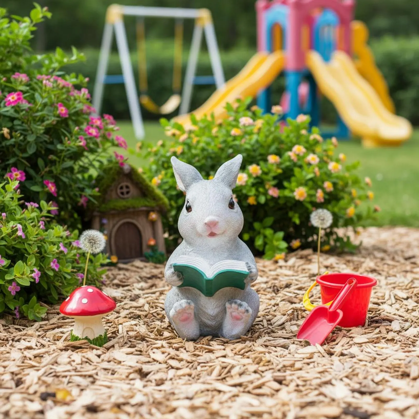 Estatua de conejo leyendo para jardín – Resina pintada a mano - imagen 3