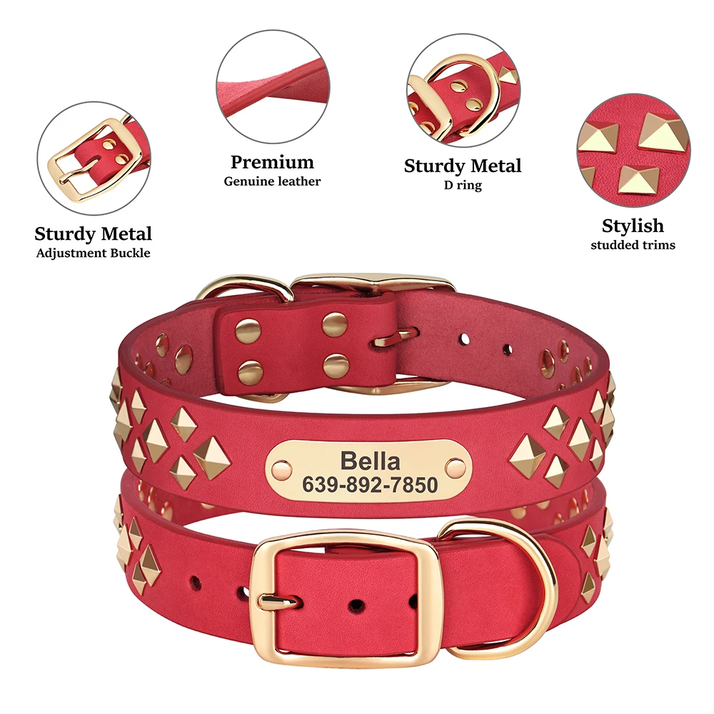 Collar de perro de cuero genuino, collares de identificación de perro personalizados, collares de cuero Real con tachuelas y pinchos para perros pequeños y grandes, Pug - imagen 3