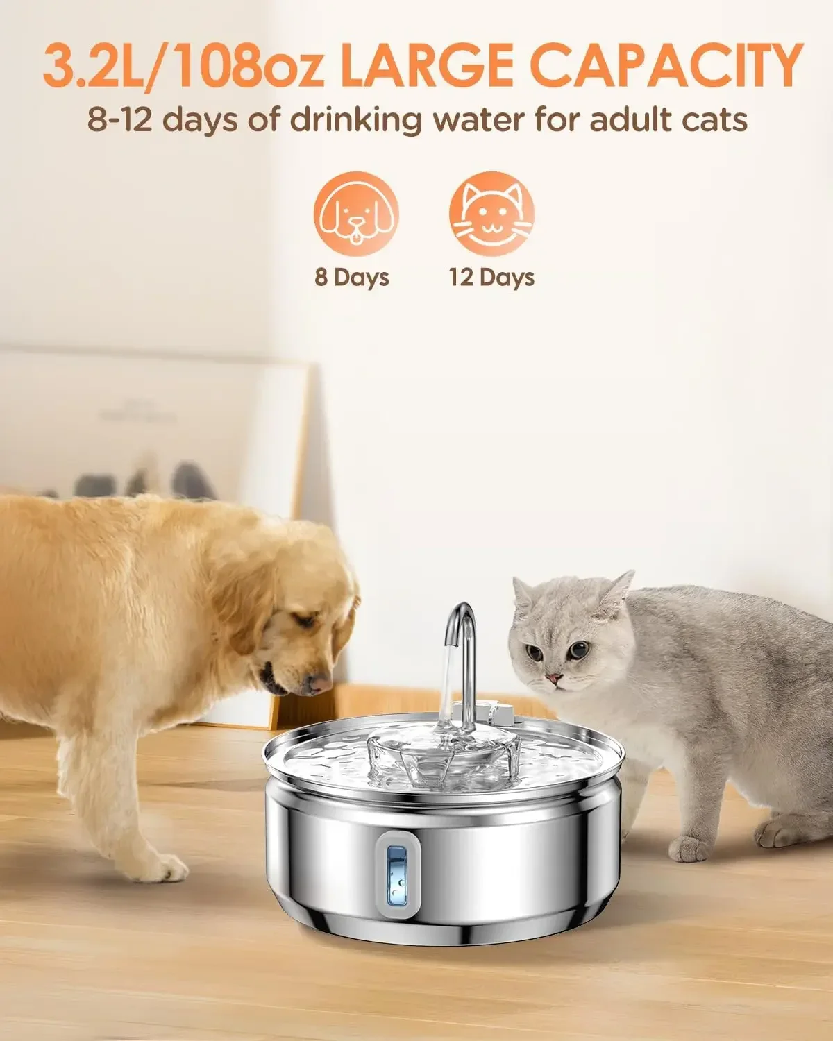 Fuente de agua para gatos, fuente de agua para mascotas de acero inoxidable mejorada de 3,2l/108oz para gatos, dispensador automático de cuencos de agua para gatos - imagen 3