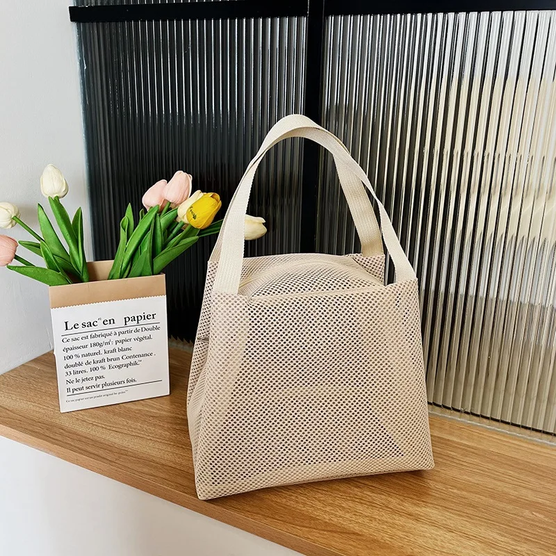 Nuevo Bolsa de malla de gran capacidad con asa, bolsa de maquillaje para artículos de tocador de viaje, bolsa de playa portátil, bolsa con cremallera para cosméticos - imagen 3