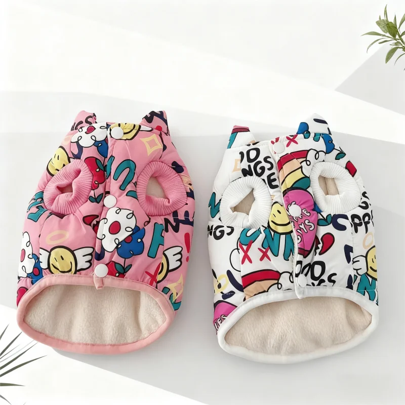 Chaqueta bonita a la moda para perros, abrigo acolchado de invierno para perros, ropa cálida y suave para cachorros, abrigo con estampado de grafiti, chaqueta de gato, disfraz para mascotas - imagen 5