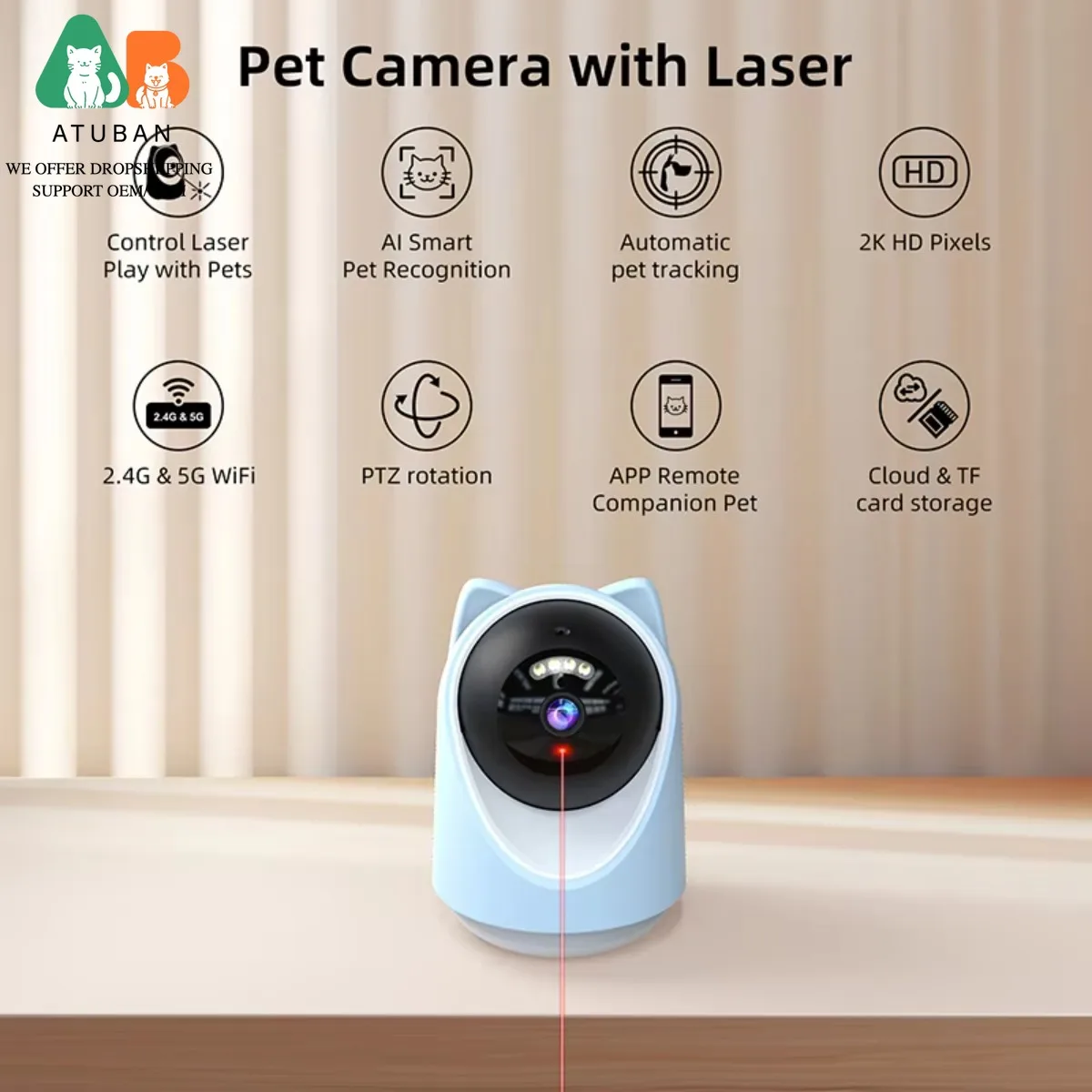 ATUBAN Monitor para mascotas, juguete láser interactivo automático para gatos, cámara inalámbrica para mascotas, Control giratorio, orientación, visor láser para mascotas - imagen 3
