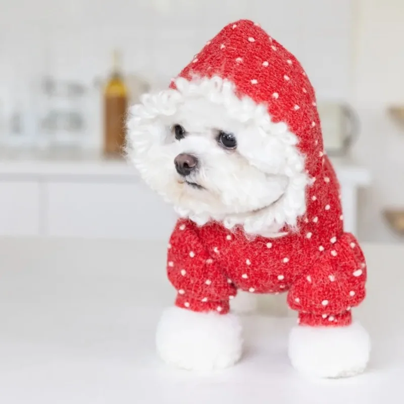 Sudadera con capucha roja de punto para invierno, abrigo de manga de burbuja con lunares para perro de lujo, sombrero de felpa, ropa para perros pequeños, ropa de Navidad