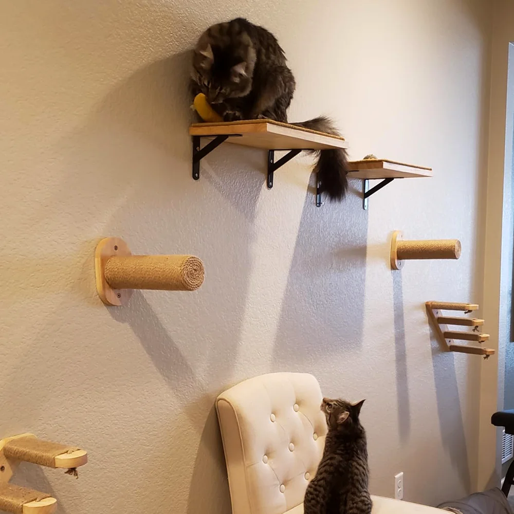 Estantes de madera para escalar gatos montados en la pared, hamacas y postes para rascar, muebles de interior para gatos para gatitos y gatos adultos para jugar y descansar - imagen 2