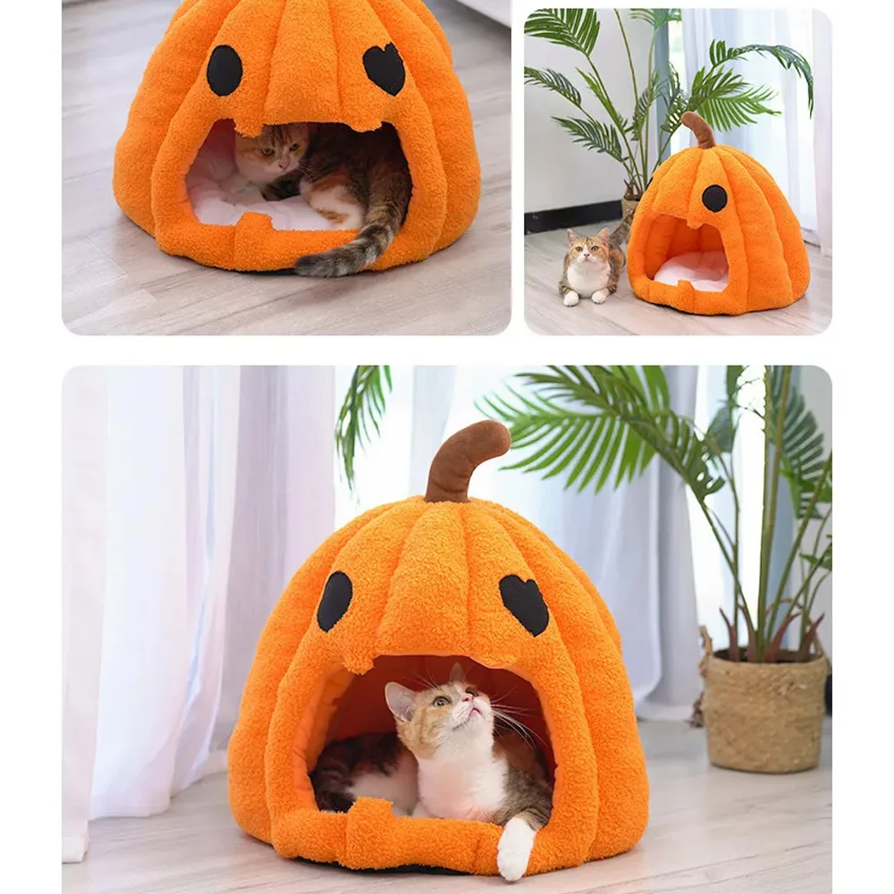 Cama nido calabaza para gatos y perros pequeños – Cueva acogedora con cojín extraíble - imagen 4