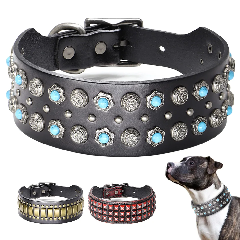 Lujoso Collar de cuero Real para perro, collares con tachuelas y pinchos para mascotas, collares de cuero con joyas para Bulldog, espectáculo de mascotas