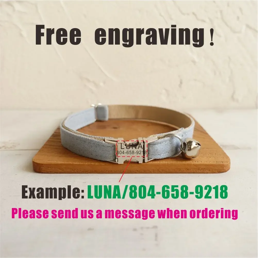 Collar de gato personalizado con grabado gratuito, correa para mascotas a juego, hebilla de Metal de contactos personalizados, Collar pequeño para mascotas de fibra vaquera - imagen 4