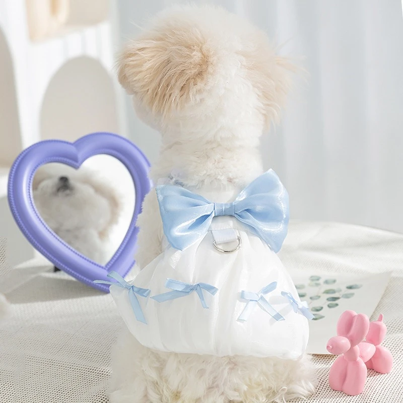 Vestidos de verano de tul transpirable para perros pequeños y medianos, mono con nudo de lazo azul claro para Gato, cachorro romántico de Chihuahua de una pieza