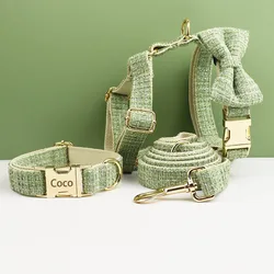 Juego de arnés y collar para perro verde limón con placa de identificación grabada personalizada, suministros personalizados para mascotas para perros con correa